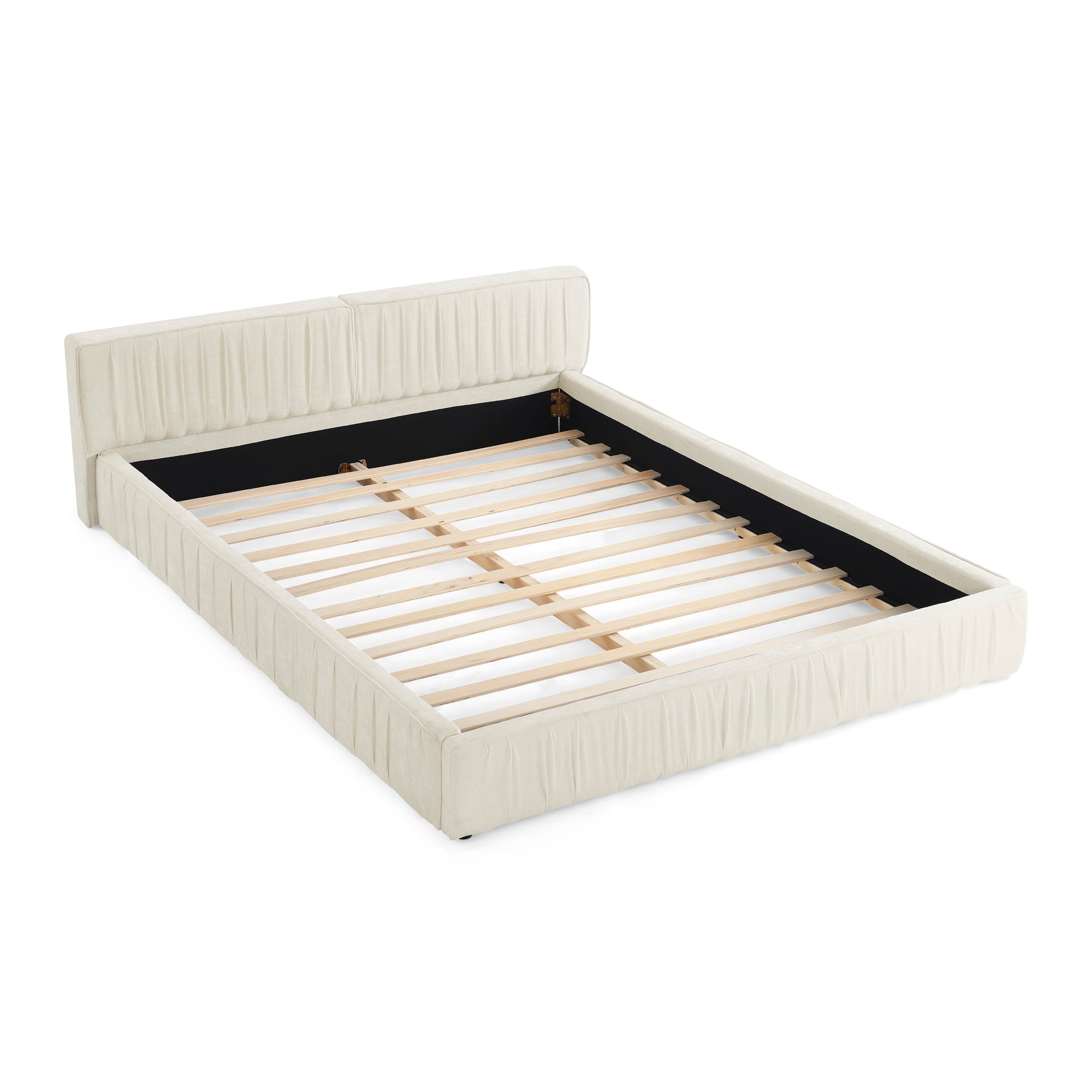 Modern Beige Queen Upholstered Platform Bed Chenille Pleated Design