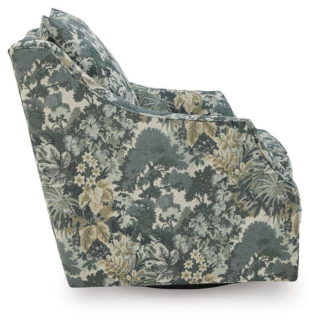 Green floral swivel accent chair shown from side angle with rounded arm and base.