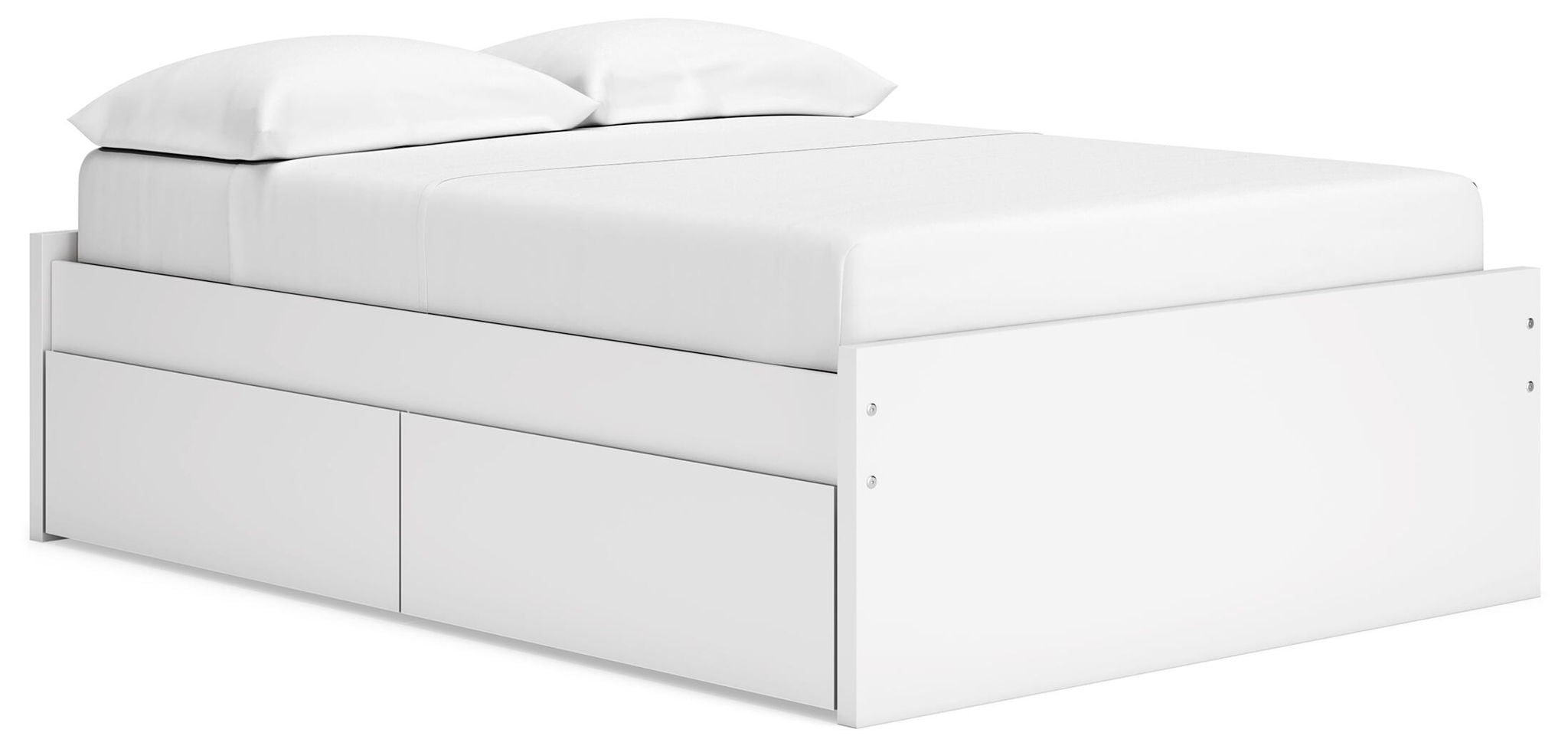 White platform bed with upholstered headboard and two front storage drawers