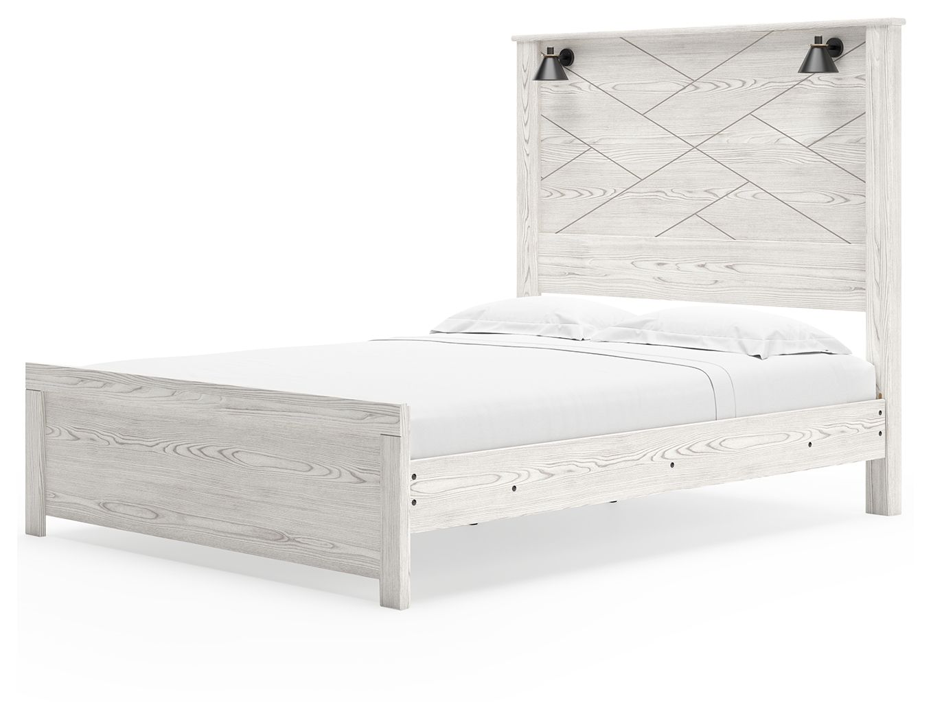 White panel bed with two black sconces, low footboard and white mattress