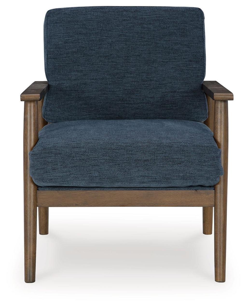 Blue accent chair front view with upholstered backrest and seat cushion