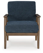 Blue accent chair front view with upholstered backrest and seat cushion