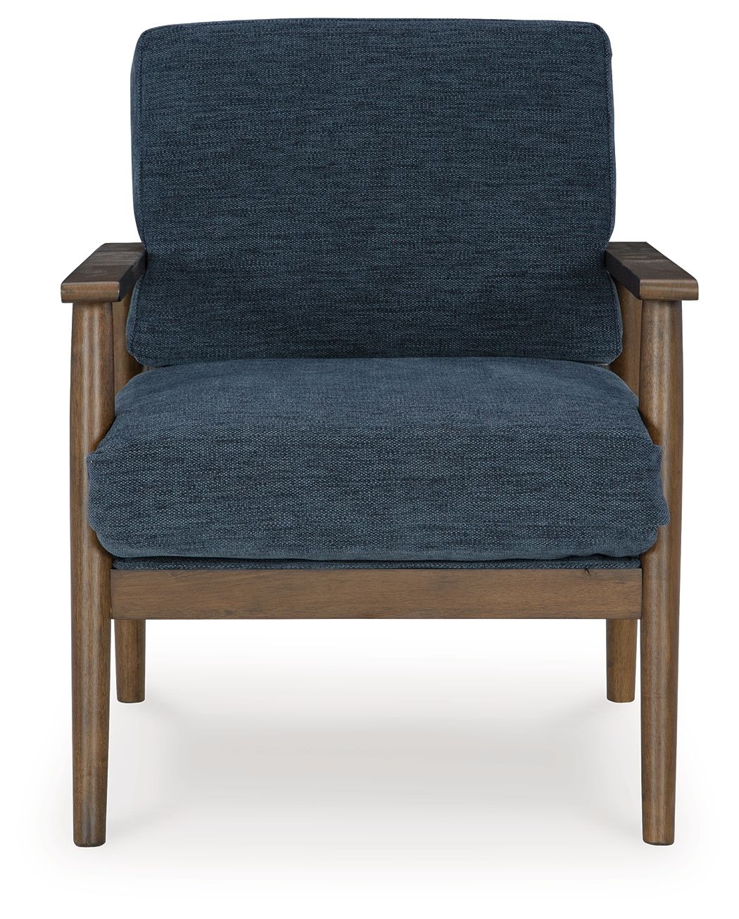 Blue accent chair front view with upholstered backrest and seat cushion