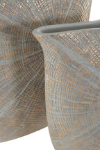 Two blue-gray vases with radial mosaic pattern, angled side-by-side view