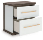 Kendanport two-drawer night stand angled view, white frame, brown top, two bar handle drawers