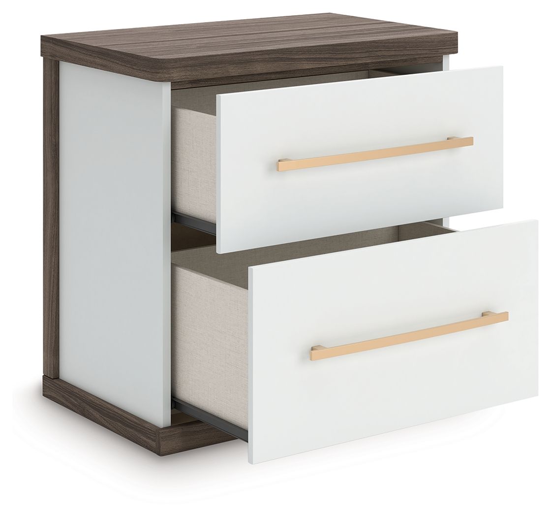 Kendanport two-drawer night stand angled view, white frame, brown top, two bar handle drawers