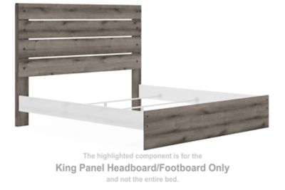 Graystorm king panel headboard and footboard, brown-gray wood with horizontal slats