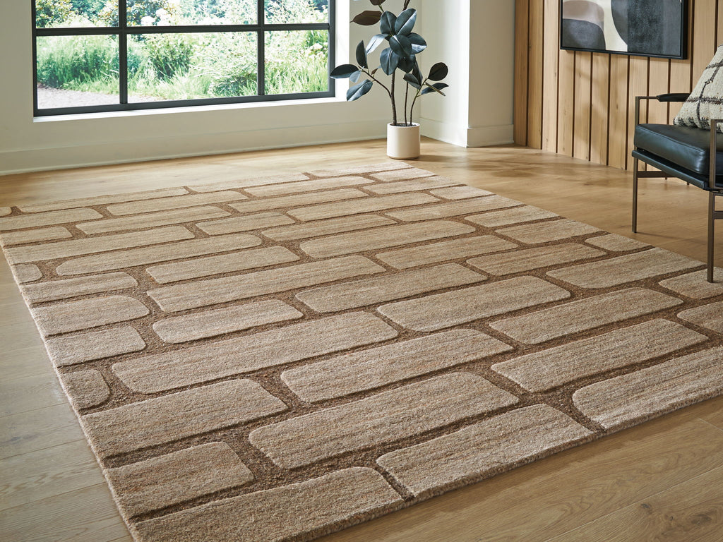 Brown and beige brick-pattern area rug with low, textured pile