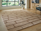 Brown and beige brick-pattern area rug with low, textured pile