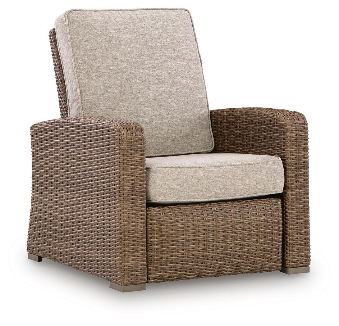 Beige upholstered recliner chair with woven wicker sides, arms, and back support