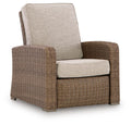 Beige upholstered recliner chair with woven wicker sides, arms, and back support