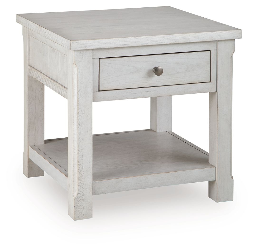 White side table with a drawer and an open bottom shelf with metal knob.