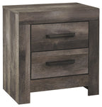 Gray two-drawer nightstand with black drawer pulls and solid wood frame
