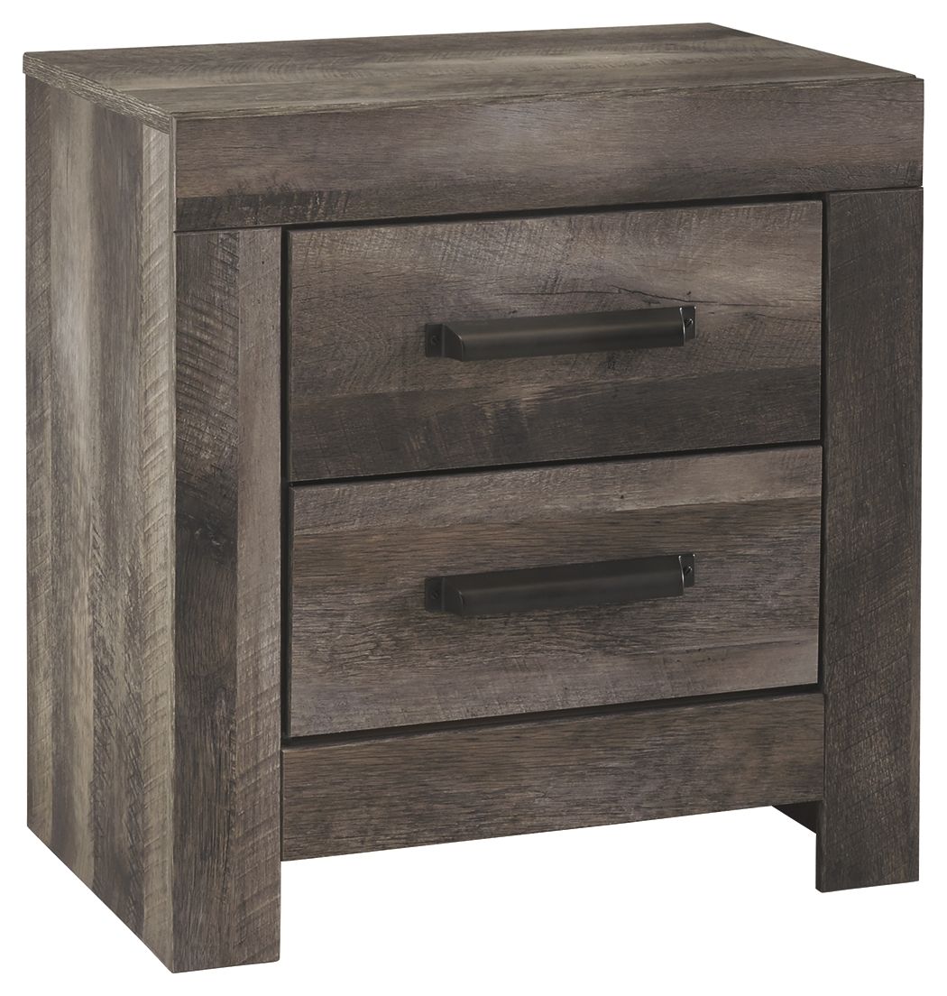 Gray two-drawer nightstand with black drawer pulls and solid wood frame