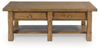 Rectangular medium-brown cocktail table with two drawers and open center shelf