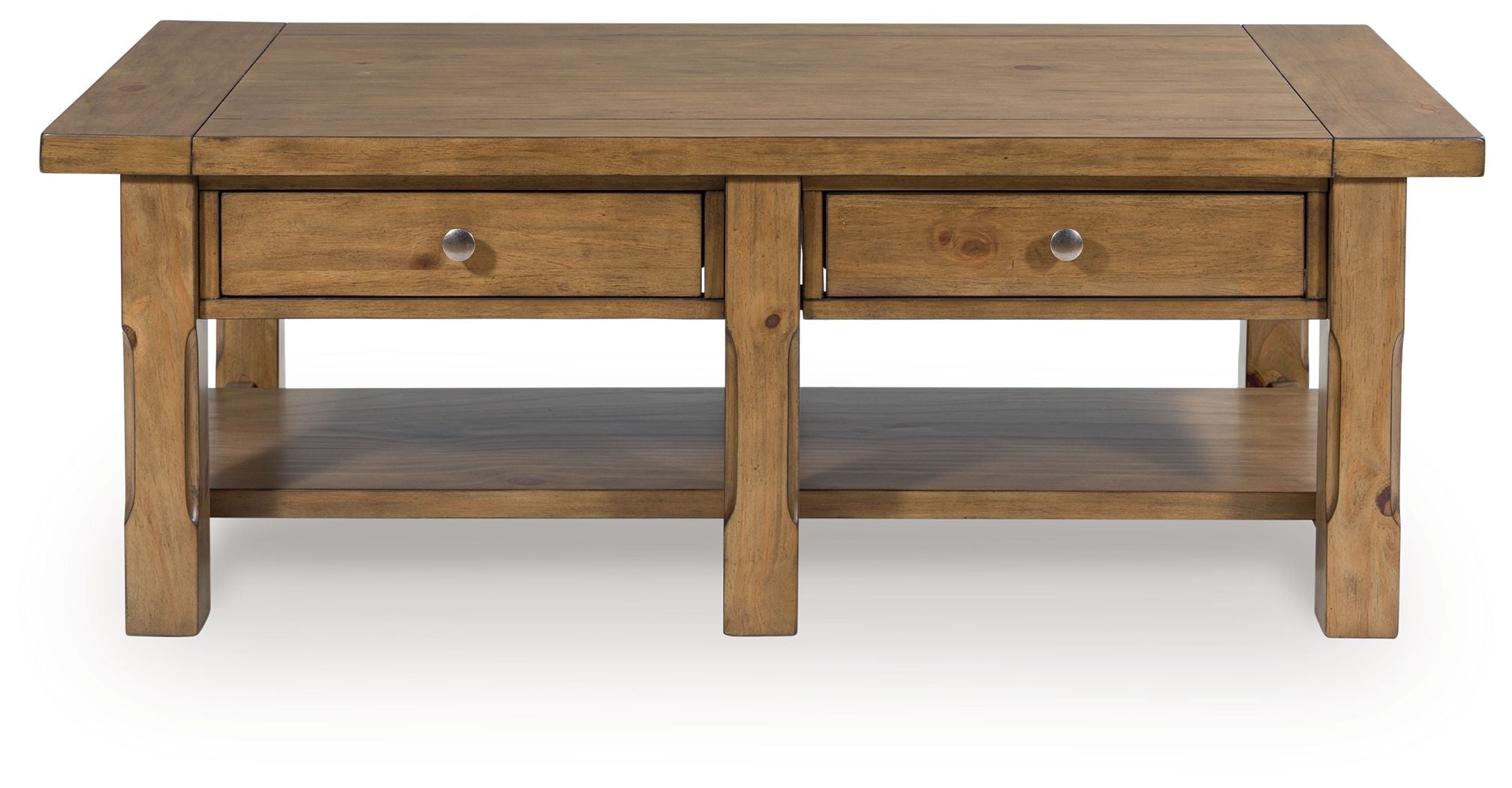 Rectangular medium-brown cocktail table with two drawers and open center shelf