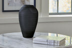 Etney vase, dark gray textured ceramic, tapered body with narrow opening on tabletop