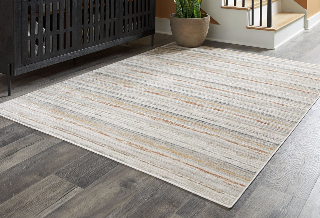 Artney rug flat on floor, light gray with light brown and cream stripe lines