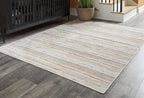 Artney rug flat on floor, light gray with light brown and cream stripe lines