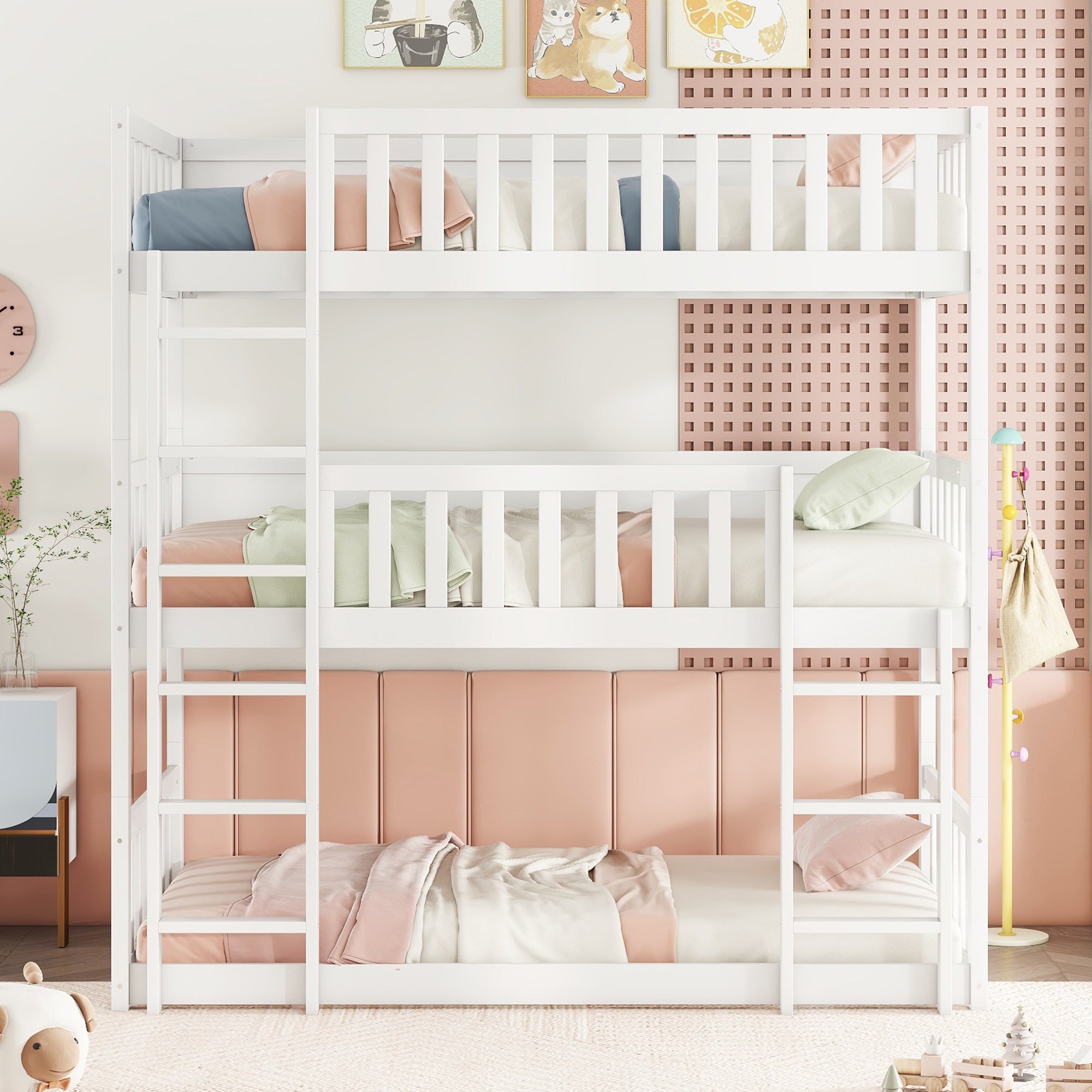 White Twin over Twin over Twin Bunk Bed | Detachable Rubber Wood