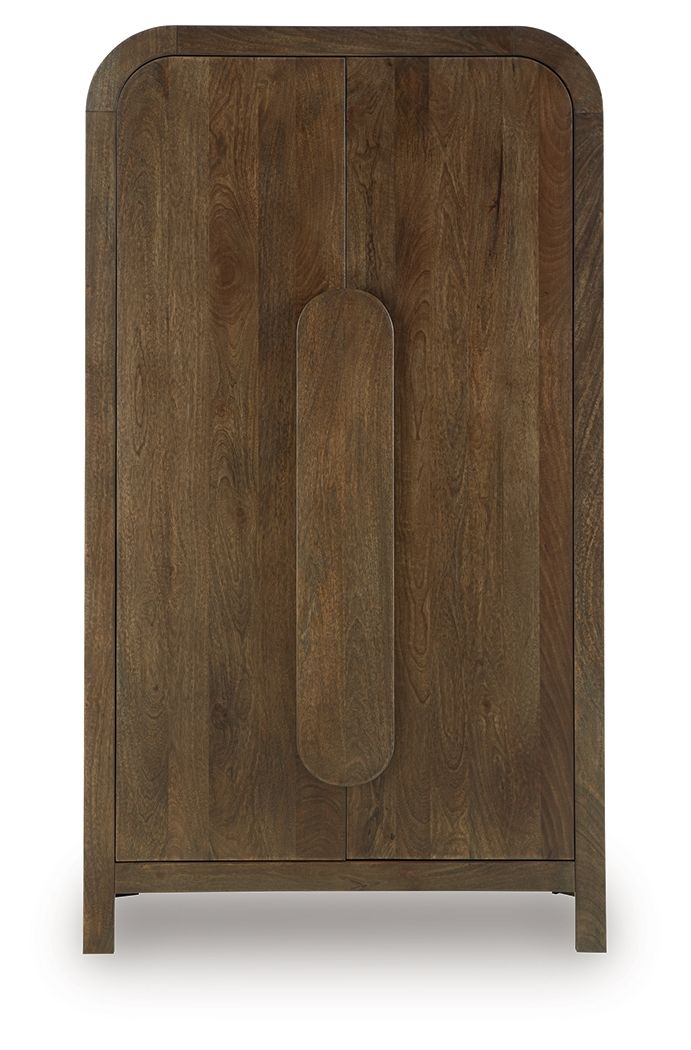 Medium brown accent cabinet front with arched top and recessed vertical handle