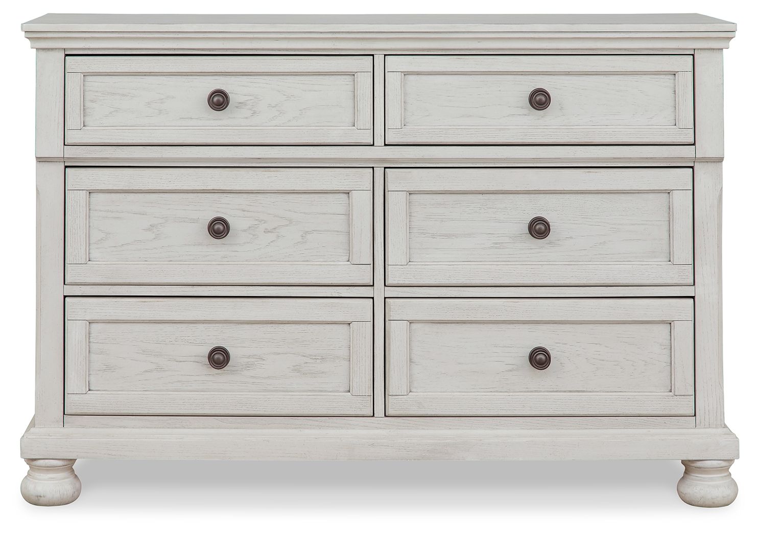 Antique white dresser with six drawers and round knob pulls, layered drawer layout.