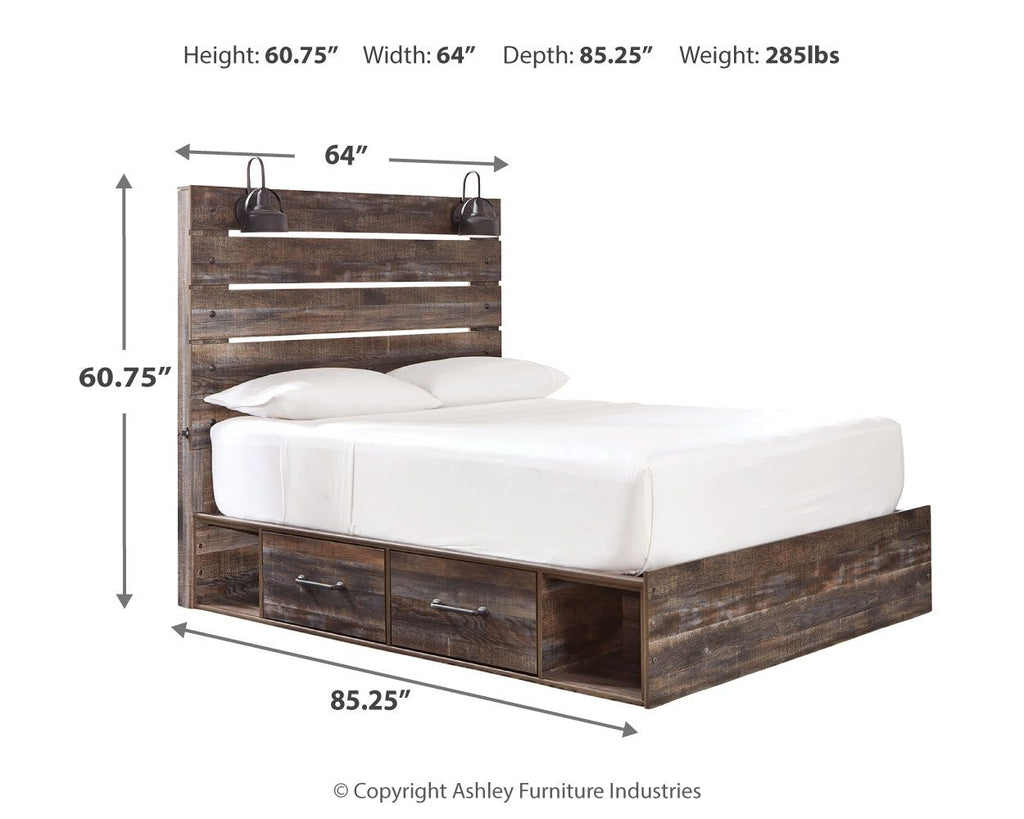 Dark wood panel bed with slatted headboard, two drawer fronts, white mattress and pillows
