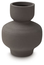 Dalsen vase in dark brown stoneware with wide round base and flared opening.