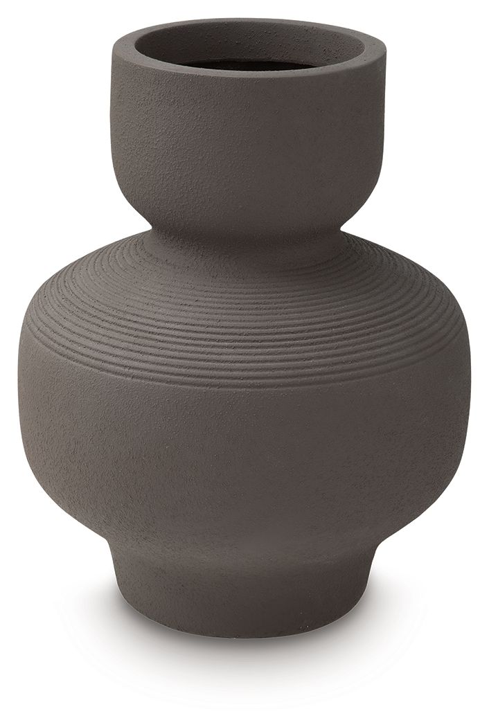 Dalsen vase in dark brown stoneware with wide round base and flared opening.