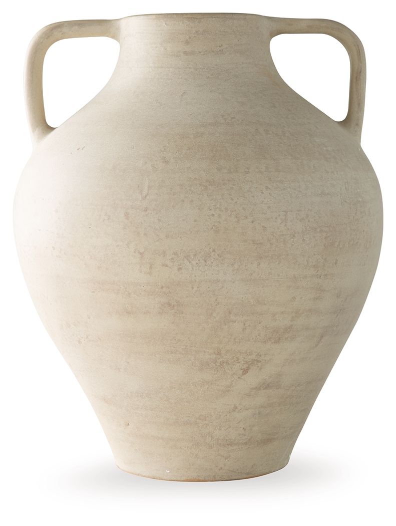 Beige ceramic vase with flared opening and side handle cutouts
