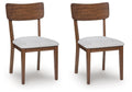 Brown dining side chairs, curved wood backs, light gray upholstered seats, set of 2