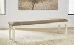 Upholstered bench with brown fabric cushion and light beige wooden legs, extra large
