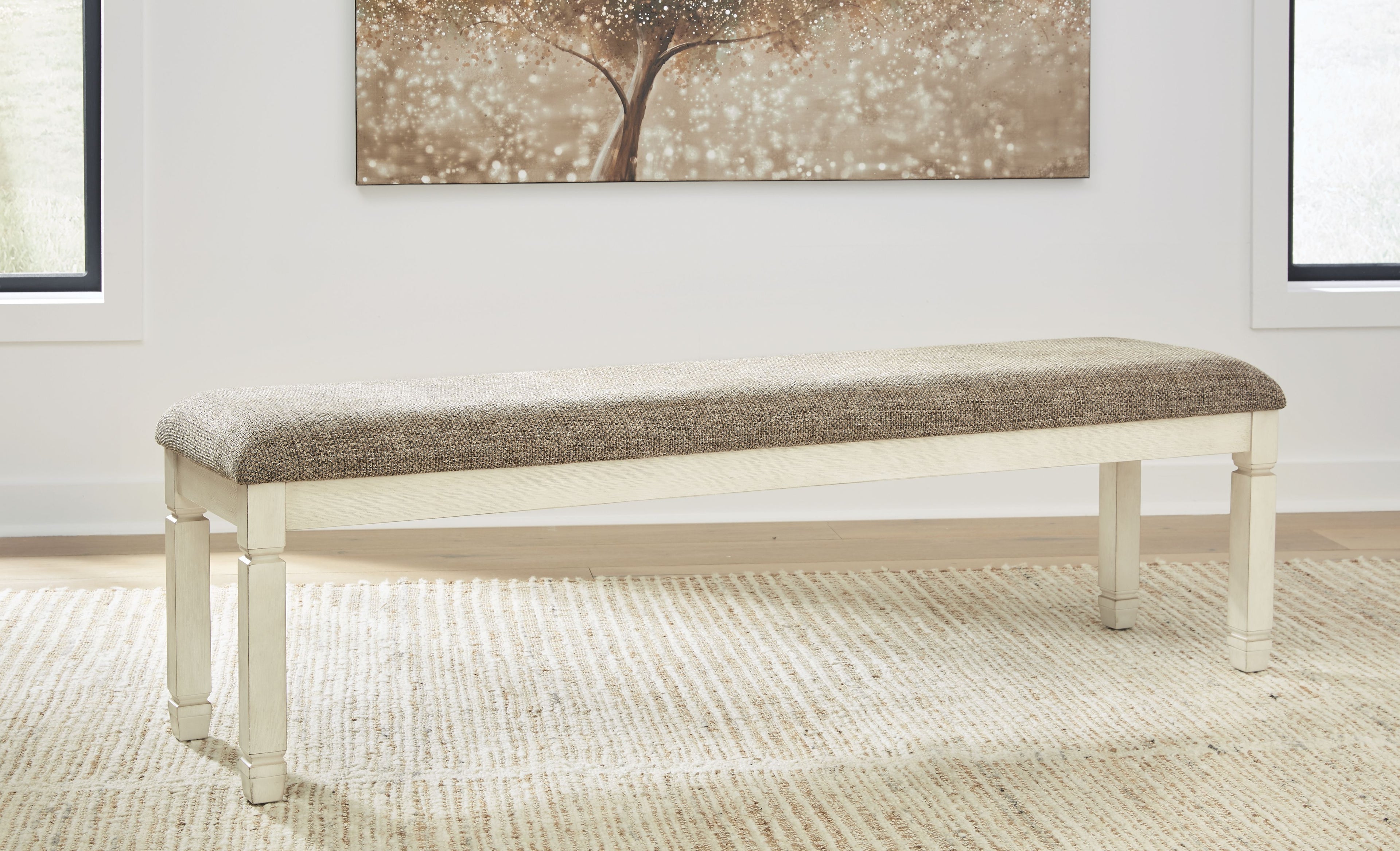 Upholstered bench with brown fabric cushion and light beige wooden legs, extra large