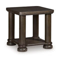 Dark brown rectangular side table with two-tone legs, open bottom shelf