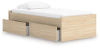 Platform bed with light brown wood frame and open side storage compartment