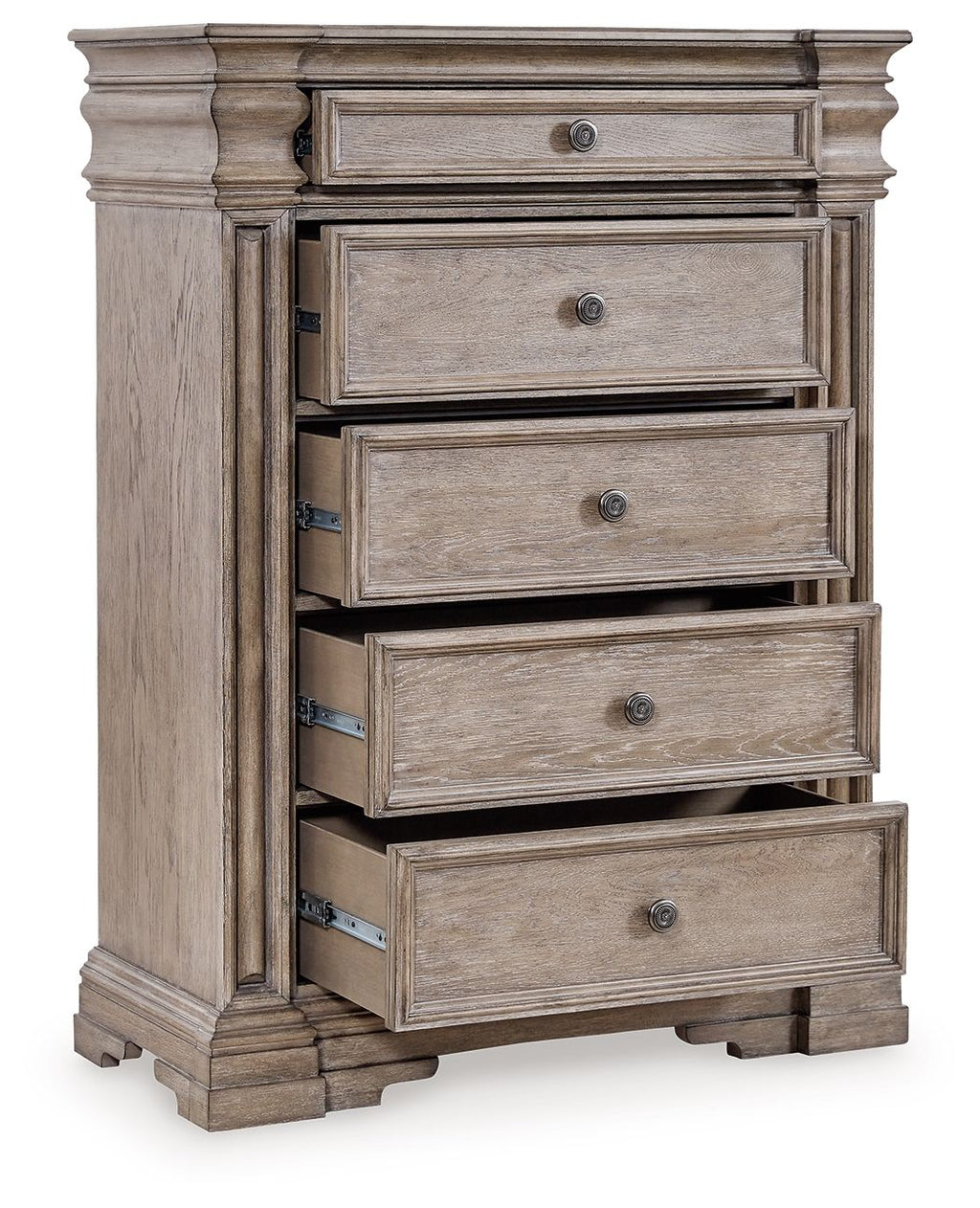 Five-drawer chest with drawers pulled out, light grayish-brown wood and metal knobs