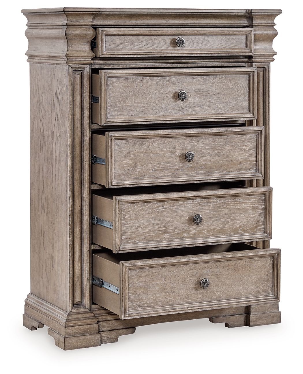 Five-drawer chest with drawers pulled out, light grayish-brown wood and metal knobs