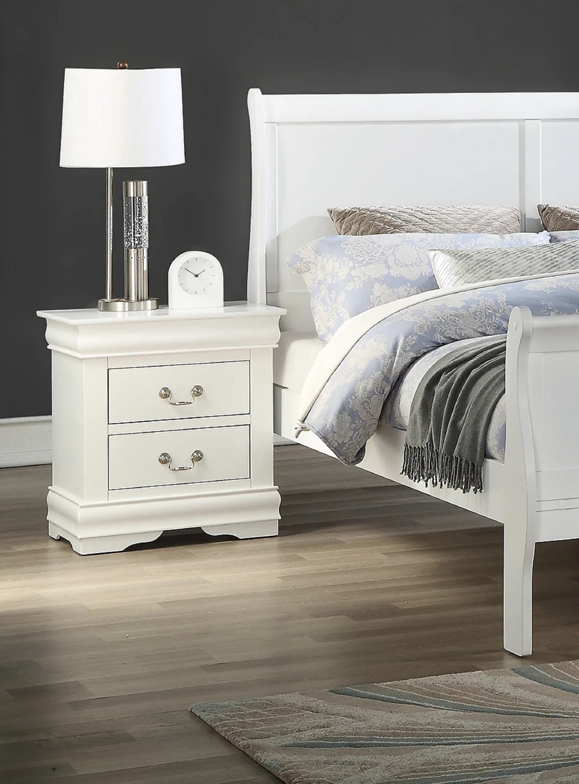 White Louis Philip Nightstand - 2 Drawers, Solid Wood