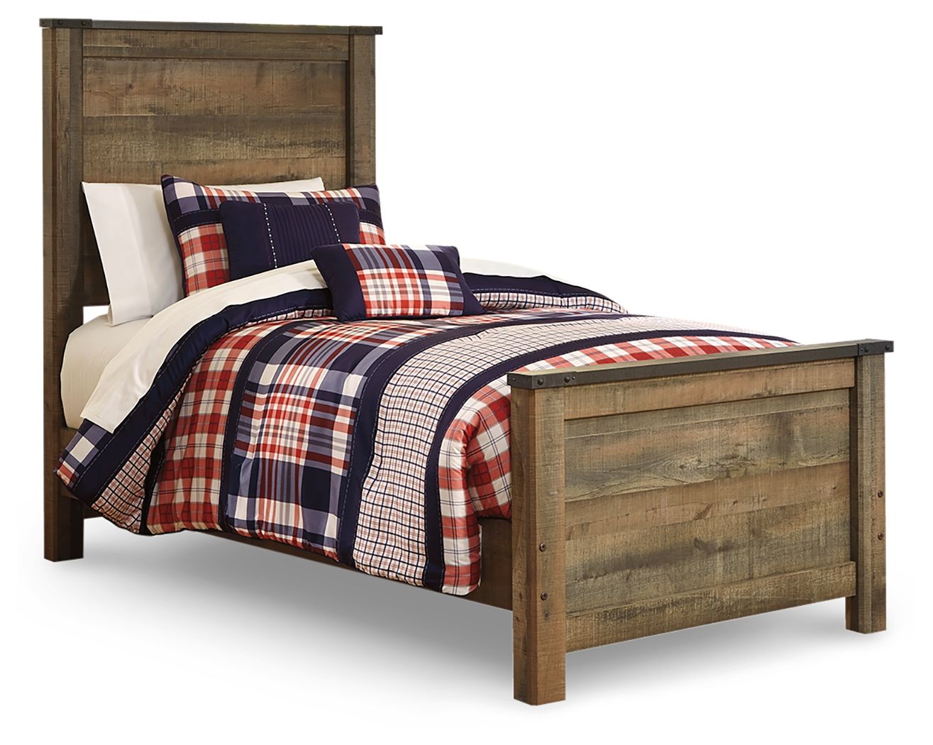 Panel bed with side drawers and navy, red, and white plaid bedding with pillows