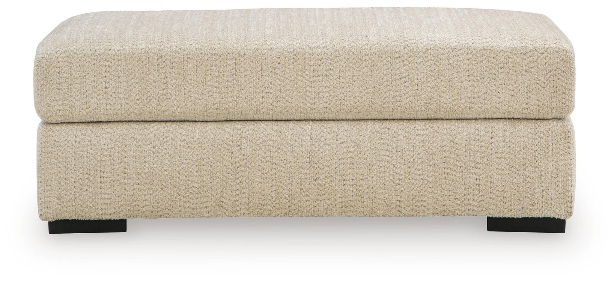 Lofwood Ottoman in textured beige fabric with low profile, square top, black feet