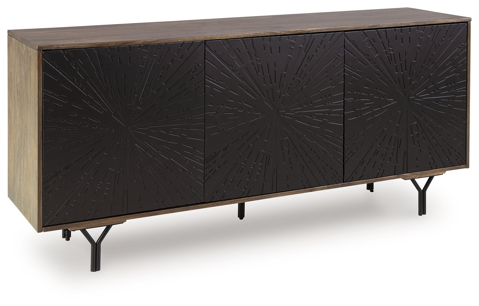 Accent cabinet with dark starburst doors, wood top, on black tapered legs.