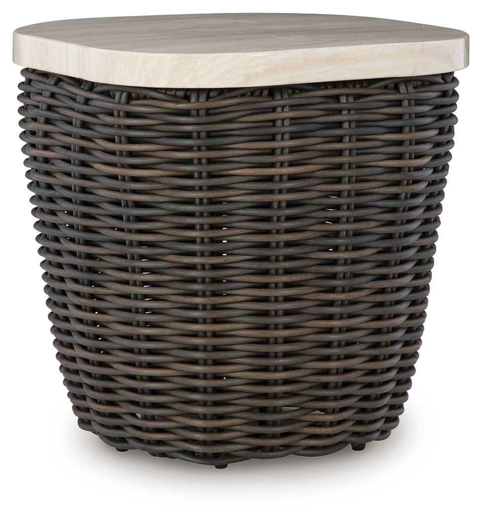 Dark brown wicker side table with round beige tabletop