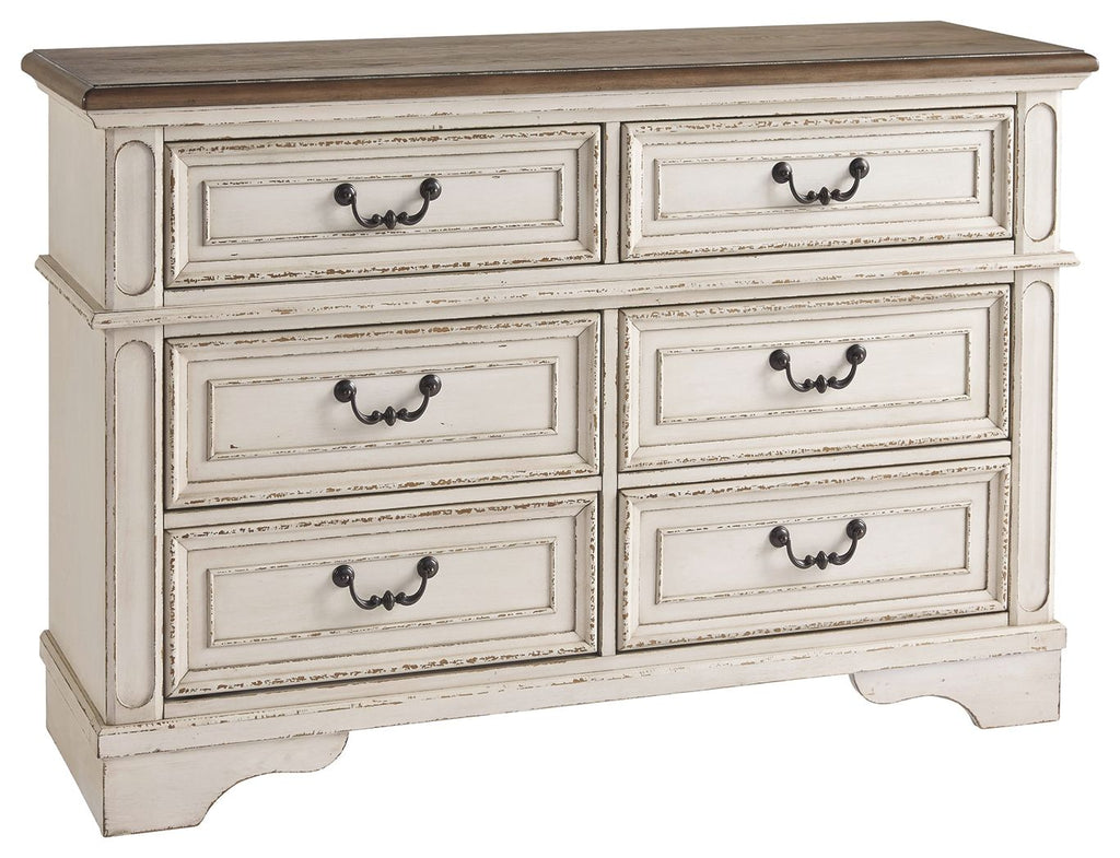 Two-tone dresser with six drawers and dark metal cup handles, front view.