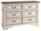 Two-tone dresser with six drawers and dark metal cup handles, front view.