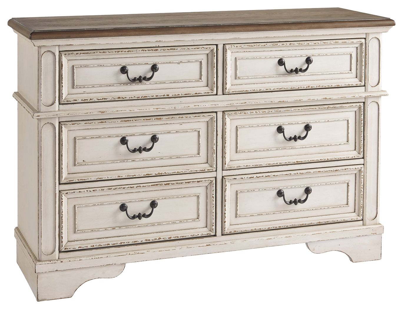 Two-tone dresser with six drawers and dark metal cup handles, front view.