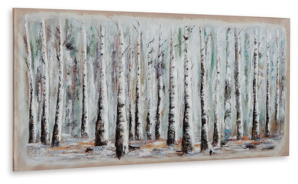 Framed wall art featuring snowy birch trunks with blue and green accents across ground