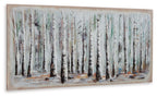 Framed wall art featuring snowy birch trunks with blue and green accents across ground