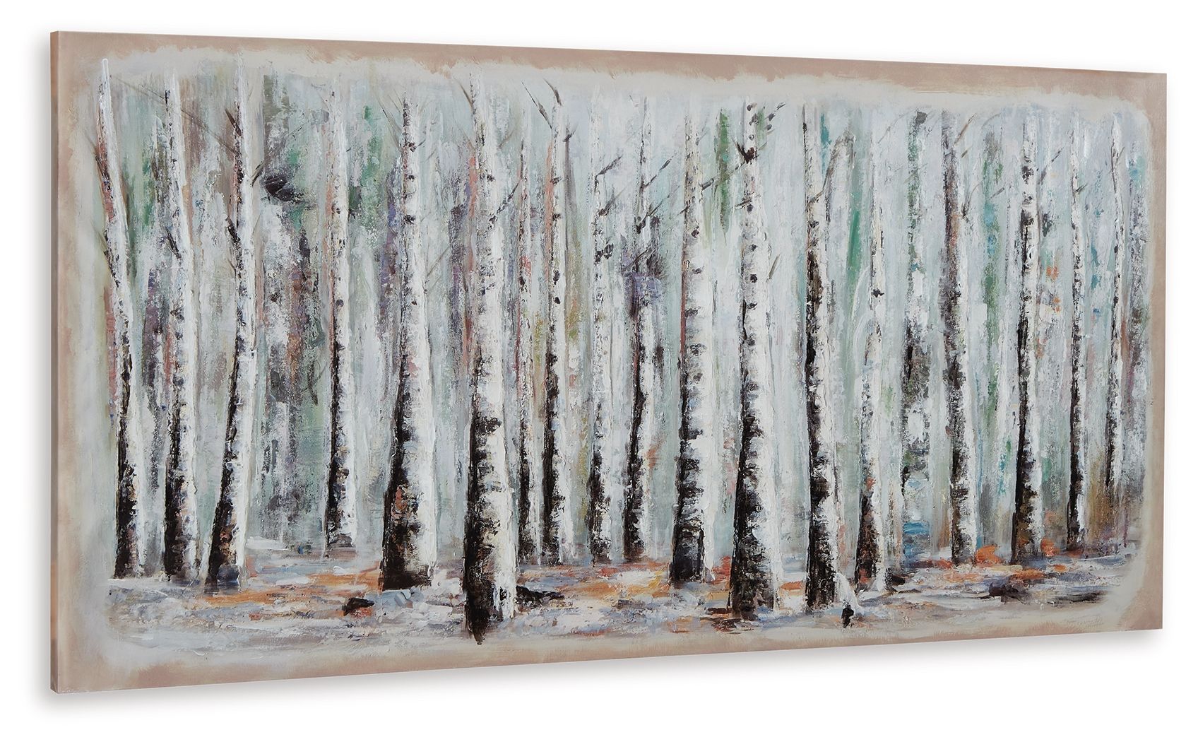 Framed wall art featuring snowy birch trunks with blue and green accents across ground