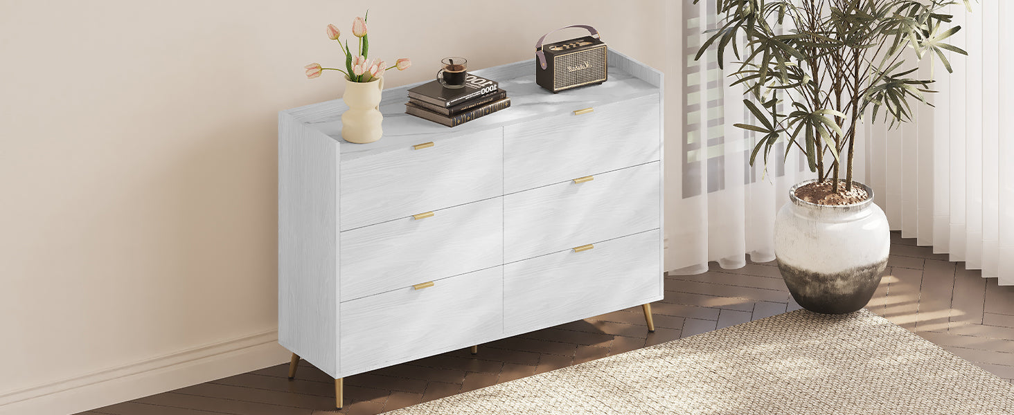 55" White Dresser with Marbling Top & Metal Legs
