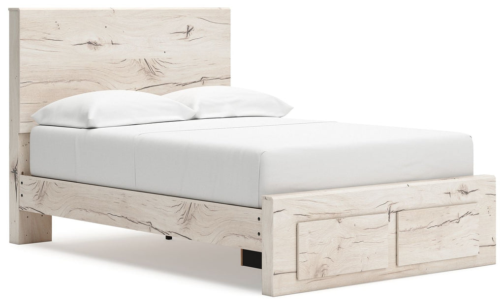 Panel bed with storage, white mattress, light wood front with open drawer compartment